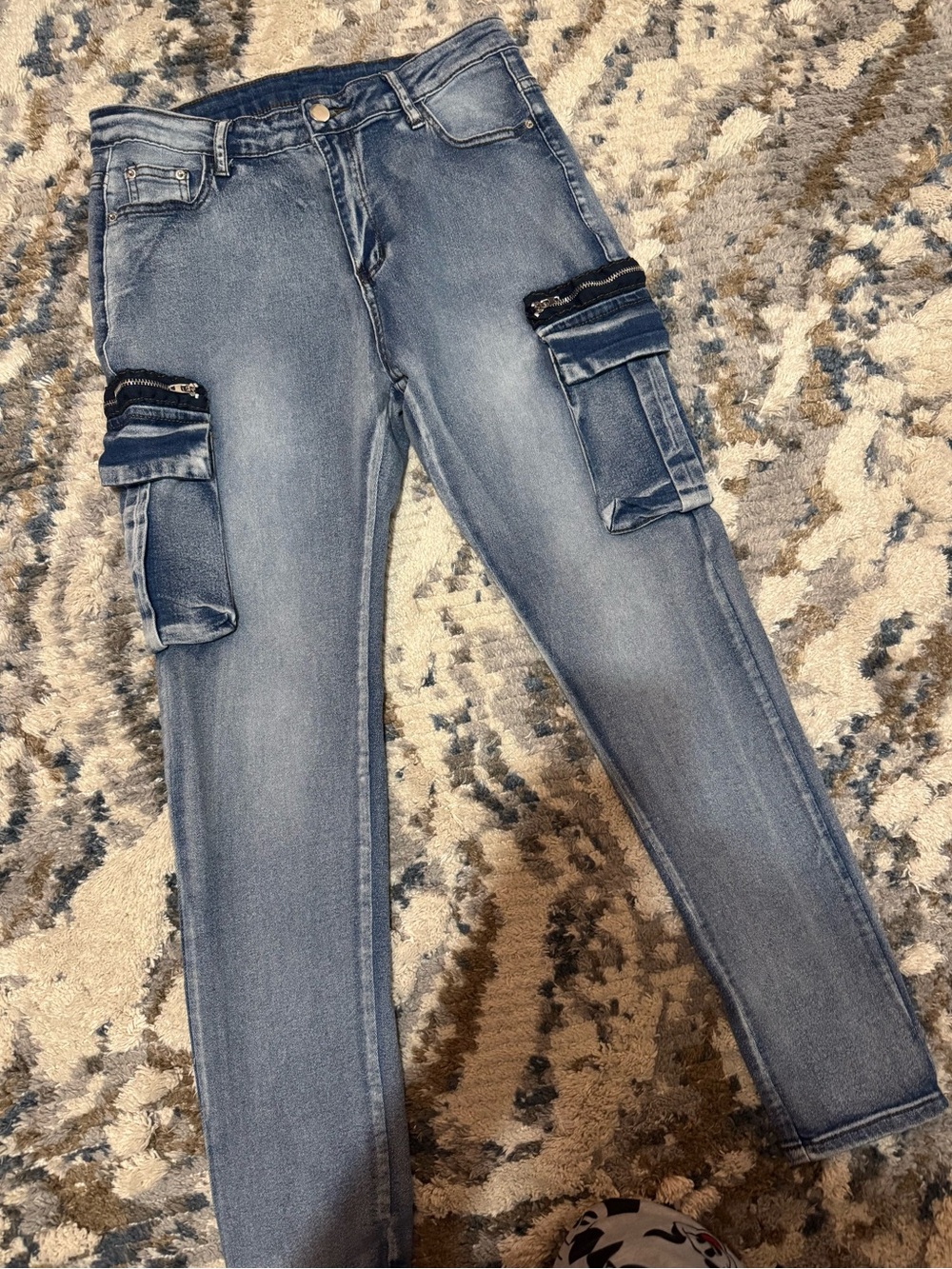 Ladies Washed Blue Straight-Leg Cargo Jeans